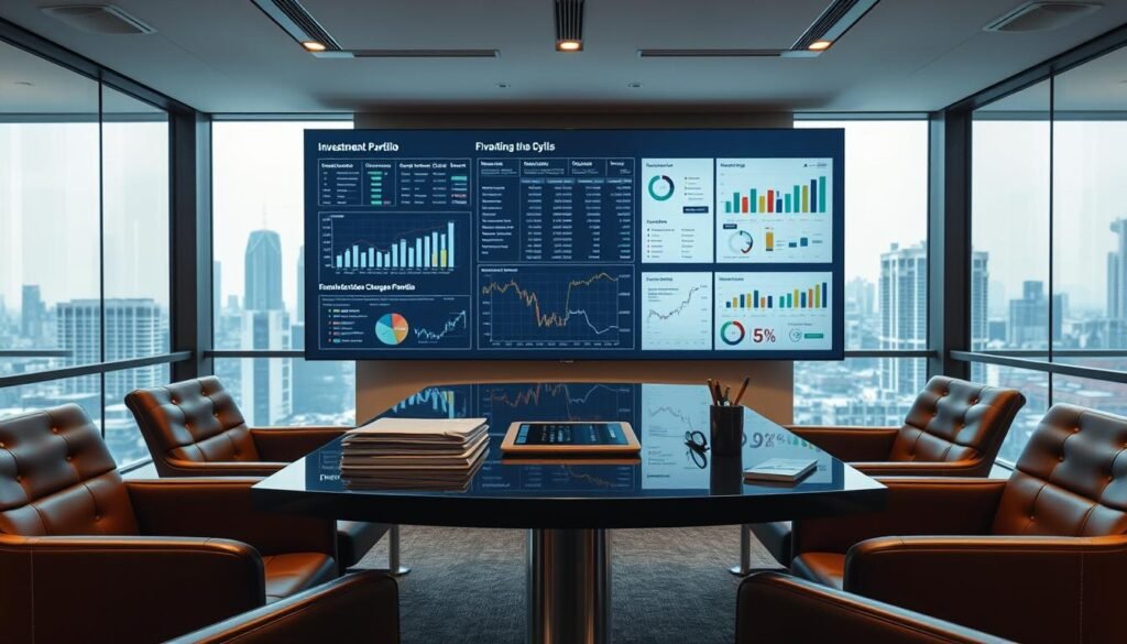 A sleek, modern office interior with large windows overlooking a cityscape. At the center of the frame, a stylish conference table surrounded by plush leather chairs. On the table, various finance-related items are neatly arranged - a tablet, a stack of folders, a pen cup. Behind the table, a large wall-mounted display showcases a professionally designed investment portfolio, with detailed charts, graphs, and infographics. The lighting is warm and inviting, creating a sense of professionalism and productivity. The overall mood is one of sophisticated financial analysis and strategic decision-making.