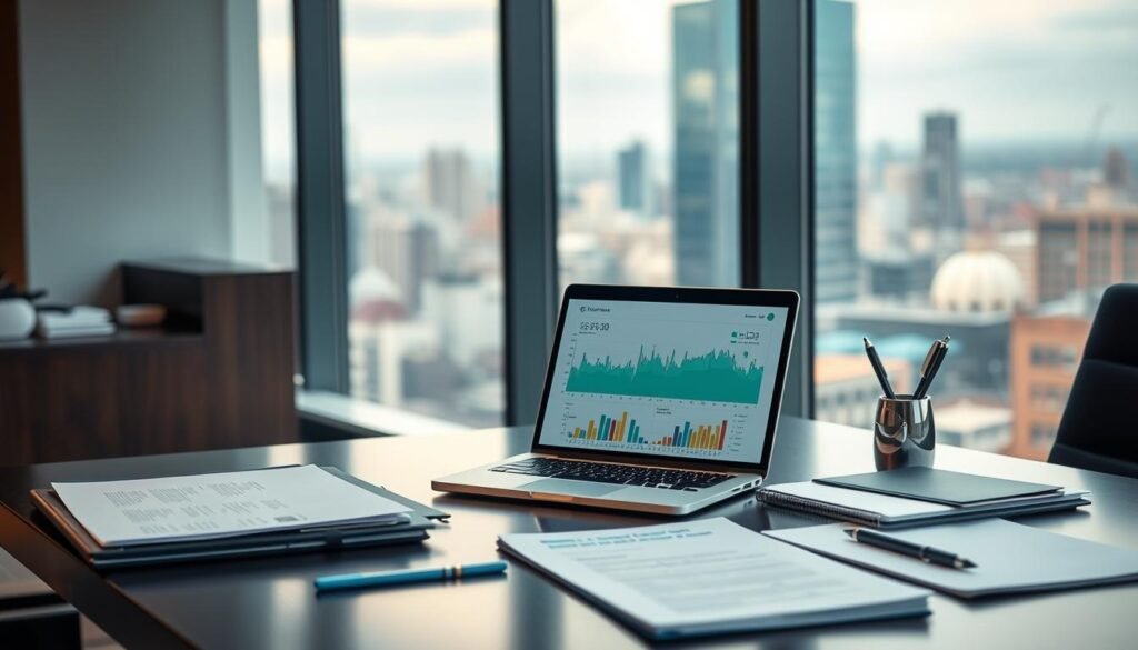A sleek, modern office setting with a large window overlooking a cityscape. On the desk, a laptop displays a detailed graph showcasing climate-related data and metrics. Surrounding the laptop are various documents, folders, and a pen holder, all neatly arranged. The lighting is soft and warm, creating a professional and contemplative atmosphere. In the background, the cityscape outside the window is slightly blurred, emphasizing the focus on the climate-related information on the desk.