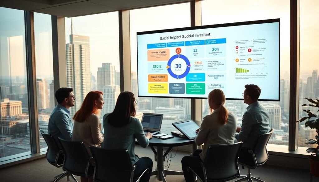 A sleek, modern office setting with large windows overlooking a bustling city skyline. In the foreground, a team of professionals gathered around a conference table, studying financial reports and models projected on a large screen. The middle ground features a colorful infographic displaying different social impact investment funding mechanisms, such as venture capital, impact bonds, and crowdfunding platforms. The background is softly lit, creating a warm and inviting atmosphere that conveys a sense of collaboration and purpose. The image should capture the intersection of finance, technology, and social good, reflecting the idea of "Better Society Capital: Investing for Social Impact."