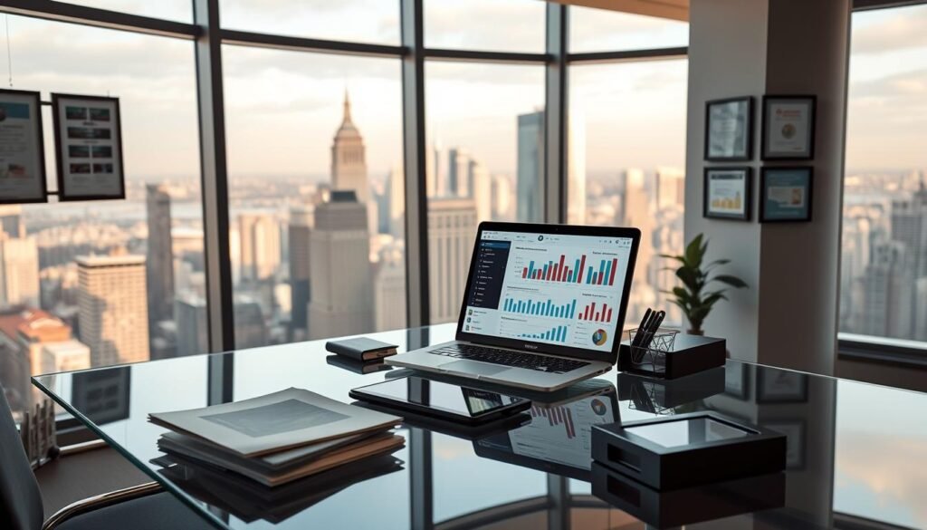 A sleek, modern office with large windows overlooking a bustling city skyline. On a glass-top desk, a laptop displays graphs and charts tracking the performance of Kapor Capital's diverse technology portfolio. The room is bathed in soft, warm lighting, creating a professional yet inviting atmosphere. Carefully arranged on the desk are neatly stacked reports, a tablet, and a stylish desk organizer. The walls are adorned with framed awards and accolades, reflecting Kapor Capital's reputation as a leading venture capital firm. The overall scene conveys a sense of success, innovation, and thoughtful investment strategies.