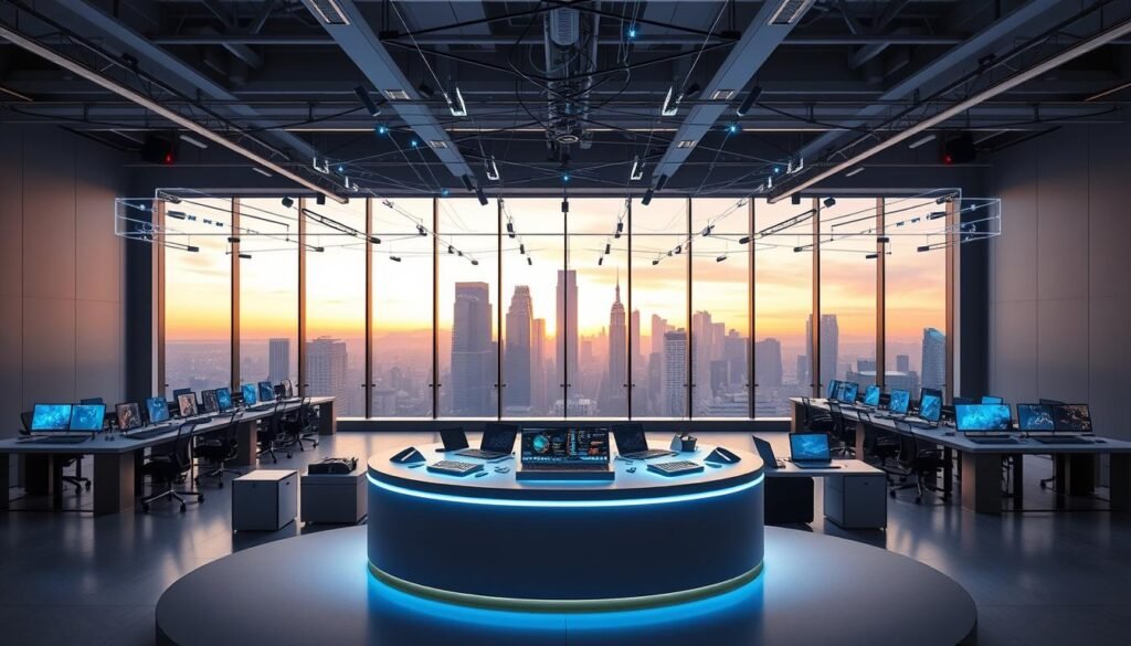 A sleek, modern startup accelerator program hub in a minimalist, high-tech setting. In the foreground, a circular podium with various data displays and control panels, casting a soft blue glow. Behind it, rows of desks with state-of-the-art laptops and equipment, suggesting a collaborative workspace. In the background, large windows overlooking a dynamic city skyline, bathed in warm sunset tones. Overhead, a network of glowing cables and holographic projections, creating an atmosphere of innovation and progress. The lighting is balanced, with a mix of direct and ambient illumination, emphasizing the clean, streamlined design. The overall mood is one of productivity, inspiration, and the transformative potential of entrepreneurship.