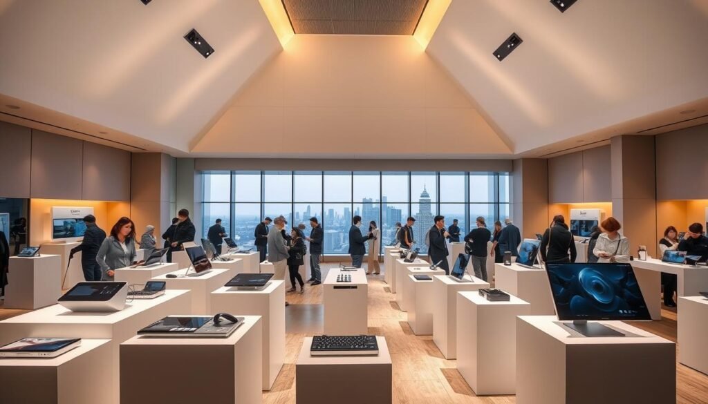 A sleek, modern technology showcase hall with a high-ceilinged atrium, bathed in warm, directional lighting. In the foreground, an array of cutting-edge gadgets and devices are displayed on elegant, minimalist pedestals, their metallic and glass surfaces gleaming. In the middle ground, small groups of attendees examine the products, their faces lit with wonder and intrigue. The background features a panoramic view of the city skyline through floor-to-ceiling windows, hinting at the transformative potential of the technologies on display.