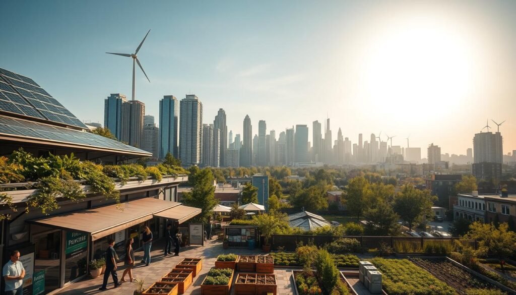 A sprawling cityscape under a bright, golden-hour sky. In the foreground, a bustling hub of eco-friendly businesses, their facades adorned with greenery and solar panels. Customers enter sleek, modern storefronts offering sustainable solutions – renewable energy systems, organic produce, and recycled-material goods. In the middle ground, a vibrant urban garden with raised beds and compost bins. Further back, towering skyscrapers with wind turbines on their rooftops, surrounded by lush, verdant parks. The atmosphere is one of innovation, community, and environmental consciousness, capturing the essence of sustainable urban living.