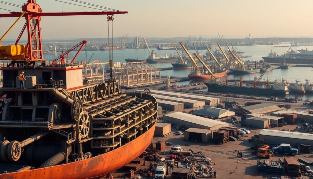 A sprawling ship recycling facility set against a backdrop of a bustling port. In the foreground, workers in protective gear meticulously dismantle a massive cargo vessel, its intricate skeletal structure exposed. Cranes lift heavy machinery and materials, while conveyor belts move salvaged components to various processing stations. The middle ground features a series of sheds and warehouses, where sorted materials are prepared for repurposing or responsible disposal. In the background, a fleet of ships awaits their turn for decommissioning, the entire scene bathed in the warm glow of afternoon sunlight and the haze of industrial activity. Precision, efficiency, and environmental stewardship are the driving forces behind this comprehensive ship recycling management system.