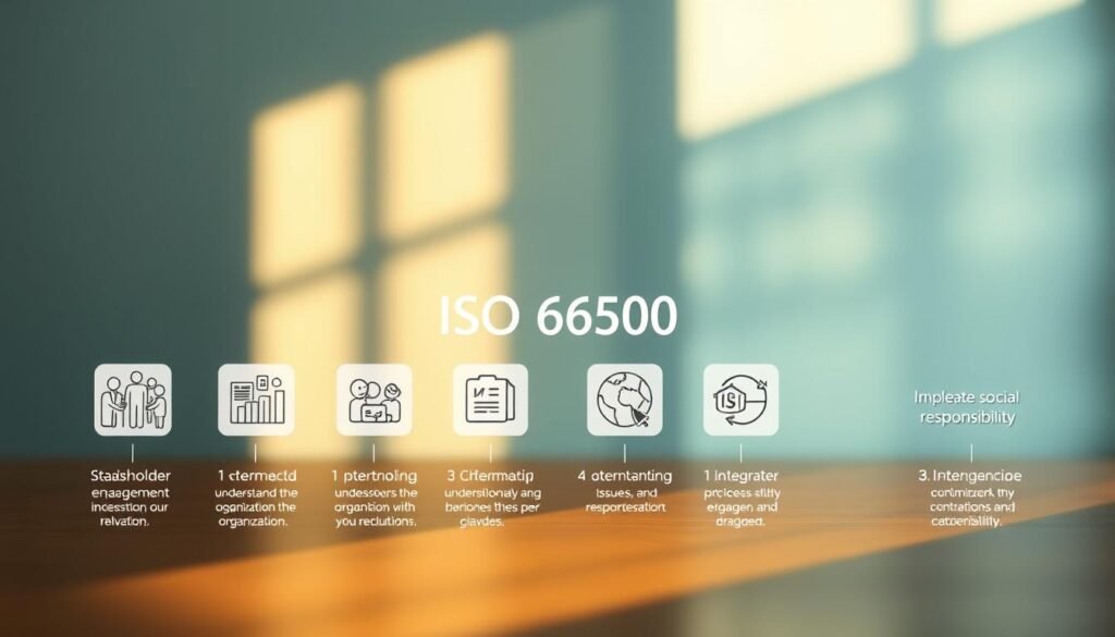 A step-by-step infographic depicting the implementation process of ISO 26000 on social responsibility. In the foreground, a series of icons and illustrations representing the key stages - stakeholder engagement, understanding the organization, determining relevance, prioritizing issues, and integrating social responsibility. The middle ground features a sleek, minimalist layout with clean typography outlining the steps. The background showcases a soft, blurred gradient in muted tones of blue and green, evoking a sense of professionalism and authority. Lighting is warm and directional, casting subtle shadows to add depth. The overall composition conveys a clear, concise, and visually striking guide to implementing the ISO 26000 standard.