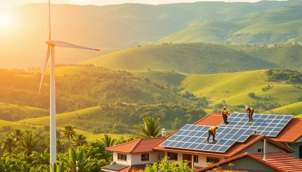 A sun-dappled, verdant landscape in a developing country, with rolling hills and lush greenery in the background. In the foreground, a modern wind turbine stands tall, its blades gracefully spinning in the gentle breeze. Nearby, a group of workers are installing solar panels on the rooftops of a cluster of homes, their faces alight with determination. The scene conveys a sense of progress and sustainability, with renewable energy technologies seamlessly integrated into the local environment. The lighting is warm and natural, creating a hopeful and inspiring atmosphere. A wide-angle lens captures the full scale of this renewable energy investment, showcasing its transformative potential for the community.