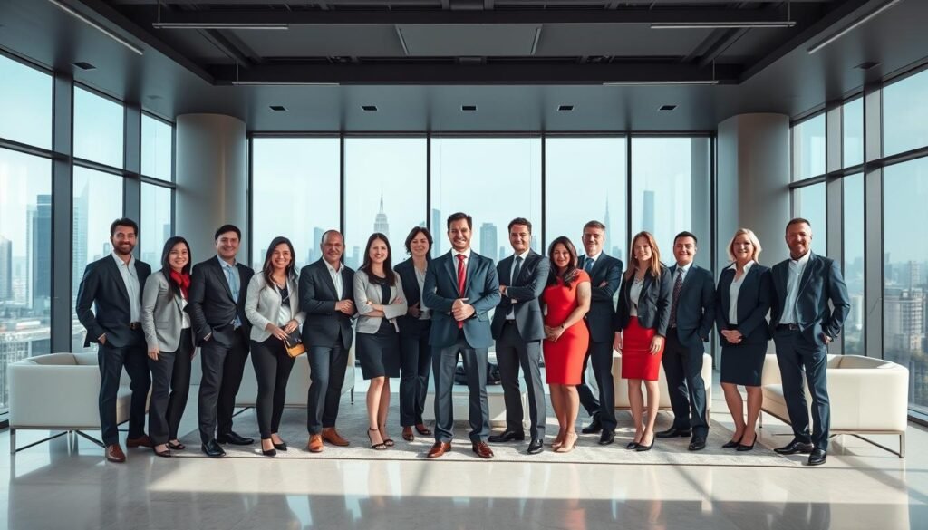 A team of accomplished leaders posing in a sophisticated, modern office setting. The foreground features a group of confident professionals in business attire, displaying an air of expertise and collaboration. The middle ground showcases a minimalist, yet elegant office interior with sleek furniture, large windows, and clean lines. The background subtly suggests a global perspective, with hints of international city skylines visible through the windows. The lighting is soft and flattering, creating a sense of professionalism and innovation. The overall composition conveys the leadership and global reach of the Global Innovation Fund.