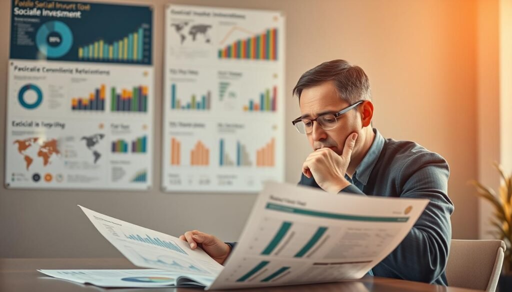 A thoughtful investor sits at a desk, carefully reviewing financial reports and charts that illustrate the social impact of their investments. Warm, natural lighting casts a contemplative glow, as they ponder the metrics and key performance indicators that measure the real-world change their capital has catalyzed. In the background, a wall display showcases data visualizations, graphs, and infographics that convey the tangible social, environmental, and community-level outcomes. The investor's expression is one of diligent consideration, underscoring the importance of thoroughly evaluating the returns on their socially conscious portfolio. A thoughtful investor sits at a desk, carefully reviewing financial reports and charts that illustrate the social impact of their investments. Warm, natural lighting casts a contemplative glow, as they ponder the metrics and key performance indicators that measure the real-world change their capital has catalyzed. In the background, a wall display showcases data visualizations, graphs, and infographics that convey the tangible social, environmental, and community-level outcomes. The investor's expression is one of diligent consideration, underscoring the importance of thoroughly evaluating the returns on their socially conscious portfolio.