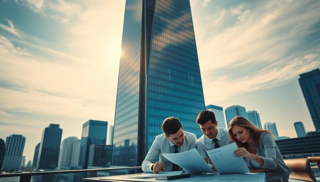 A towering modern skyscraper against a vibrant sky, its sleek glass facade reflecting the sunlight. In the foreground, a group of professional-looking people gathered around a table, poring over financial documents and charts. The atmosphere is one of serious discussion and analysis, with an air of confidence and expertise. Subtle lighting casts dramatic shadows, accentuating the angular architecture and the focused expressions of the individuals. In the background, a cityscape of other tall buildings, suggesting a thriving financial center. The overall impression is one of a dynamic, high-powered investment services firm at work.