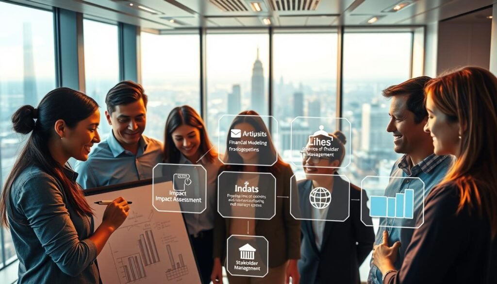 A vibrant and dynamic scene showcasing the essential skills for impact investing. In the foreground, a diverse group of professionals collaboratively brainstorming, sketching diagrams and charts on a digital whiteboard, their expressions focused and engaged. In the middle ground, a series of holographic displays highlighting key competencies such as financial modeling, impact assessment, and stakeholder management. The background depicts a sleek, modern office space with large windows overlooking a bustling city skyline, bathed in warm, directional lighting that creates a sense of energy and purpose. The overall atmosphere conveys the rigor, teamwork, and forward-thinking mindset required for a successful impact investing career.