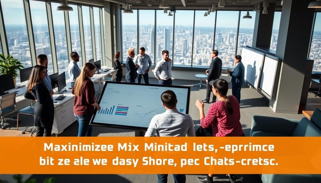 A vibrant and dynamic workspace in a modern B2B SaaS accelerator program. An open-plan layout with sleek furniture, ergonomic workstations, and large windows flooding the space with natural light. In the foreground, a group of young professionals collaborating intently over a large touchscreen display, surrounded by whiteboards covered in charts and diagrams. In the middle ground, mentors and industry experts engaged in lively discussions, offering guidance and insights. The background features a sprawling city skyline, hinting at the broader entrepreneurial ecosystem that supports the accelerator. A sense of energy, innovation, and potential permeates the scene, capturing the essence of maximizing one's Forum Ventures experience.