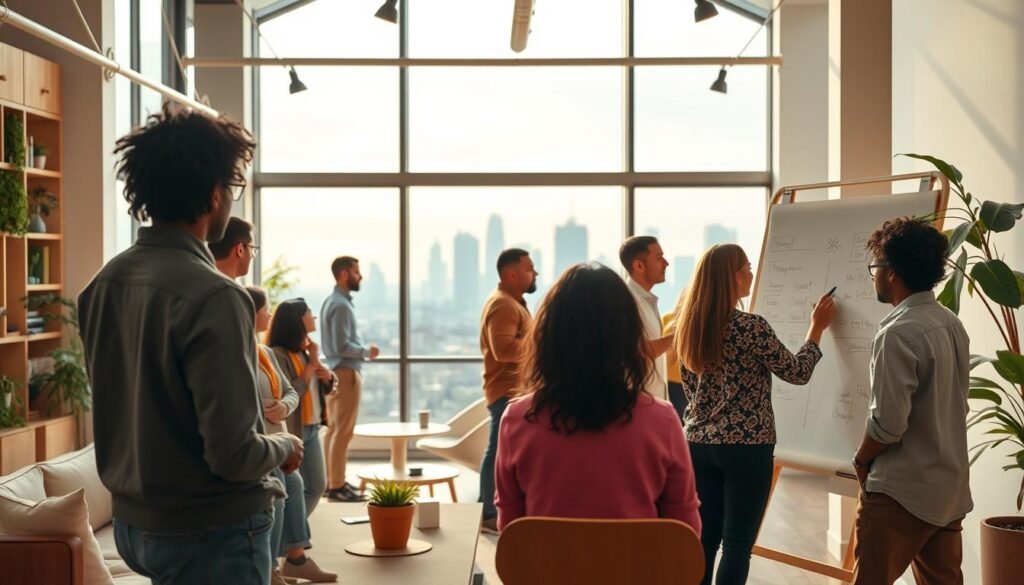 A vibrant, collaborative community development scene. In the foreground, a diverse group of people engaged in discussion, brainstorming ideas on a large whiteboard. The middle ground features an open, airy space with modern, minimalist furniture and decor, conveying a sense of innovation and creativity. In the background, the silhouettes of a city skyline are visible through large windows, suggesting a connection to the broader urban context. Warm, diffused lighting creates a welcoming atmosphere, and the use of natural materials like wood and plants adds a touch of organic harmony. The overall scene emphasizes the dynamic, inclusive, and forward-thinking nature of the community development approach.