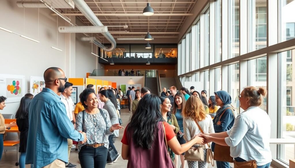 A vibrant community hub, bustling with activity and collaboration. In the foreground, diverse individuals shaking hands, exchanging ideas, and forging partnerships. Mid-ground showcases shared workspaces, resource centers, and interactive displays that facilitate knowledge sharing and problem-solving. The background depicts a modern, well-lit building with large windows, letting in natural light and a sense of openness. Warm hues, clean lines, and a welcoming atmosphere convey the spirit of community impact, where organizations and individuals come together to drive positive change. Captured through a wide-angle lens, the image exudes a sense of unity, purpose, and a shared commitment to building a better society.