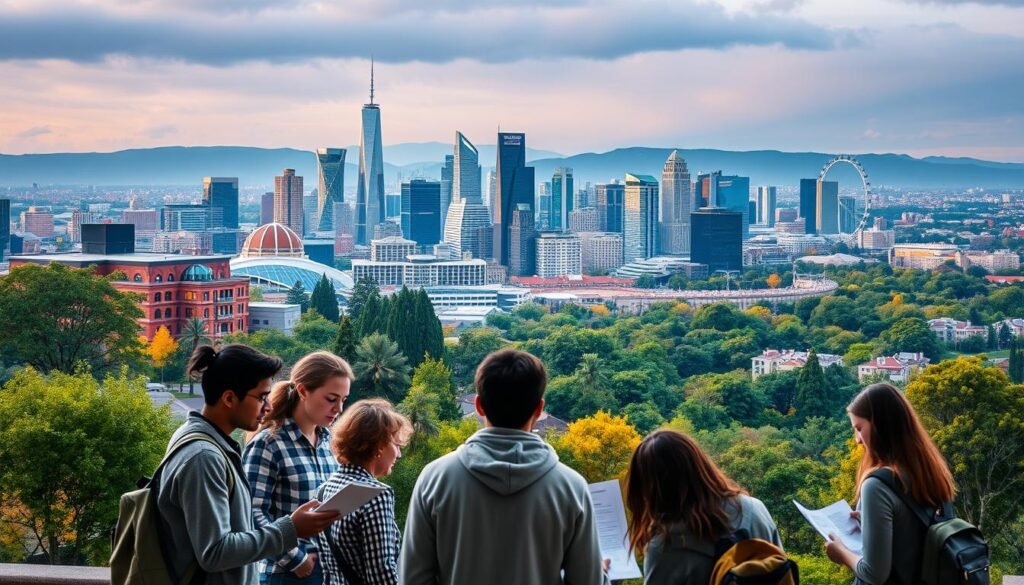 A vibrant, dynamic landscape showcasing the diverse educational pathways leading to impact investing careers. In the foreground, a group of students engages in lively discussions, poring over financial reports and impact analysis. The middle ground features a panoramic view of a bustling university campus, with lecture halls, research labs, and networking hubs. In the background, towering skyscrapers and green cityscapes symbolize the real-world applications of impact investing, casting a warm, inspiring glow over the entire scene. Soft, diffused lighting illuminates the scene, conveying a sense of purposeful optimism and collaborative innovation. The overall composition emphasizes the interconnectedness of education, professional development, and the transformative potential of impact investing.