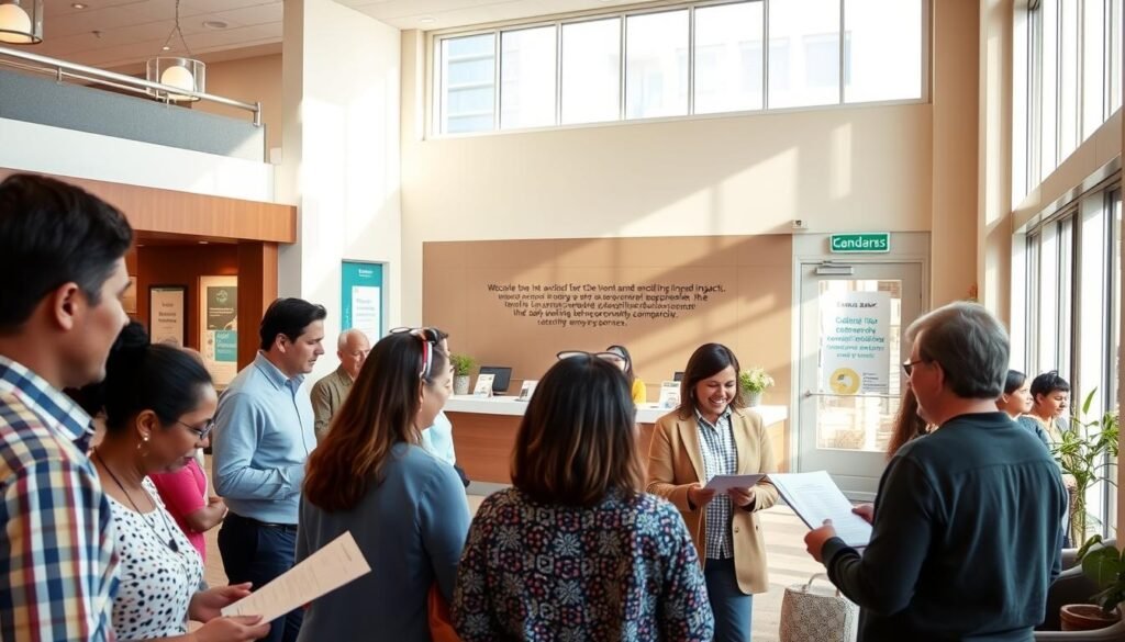 A warm, inviting community bank interior with natural lighting streaming through large windows. In the foreground, a diverse group of people engage in discussions, reviewing financial documents and exchanging ideas. In the middle ground, a welcoming reception desk staffed by friendly, approachable bankers. The background features tasteful, modern decor and signage highlighting the bank's commitment to ethical lending and community impact. An atmosphere of trust, collaboration, and financial empowerment permeates the scene.