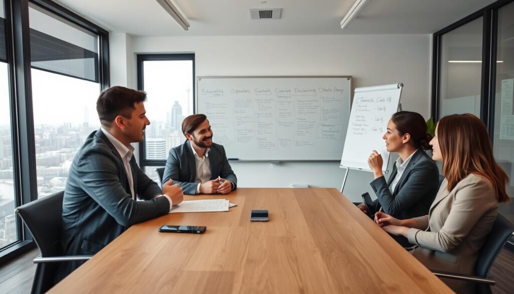 A well-lit, contemporary startup office setting. In the foreground, a group of four people in business casual attire sit around a minimalist wooden conference table, engaged in a lively discussion. Their expressions are focused, and they lean in attentively, gesturing as they exchange ideas. The middle ground features a whiteboard on the wall, filled with sketches and bullet points, hinting at their preparation for an important interview. In the background, large windows provide a view of a bustling city skyline, creating a sense of urban energy and opportunity. The overall atmosphere is one of professionalism, collaboration, and a shared sense of purpose as the startup team prepares to make a strong impression.