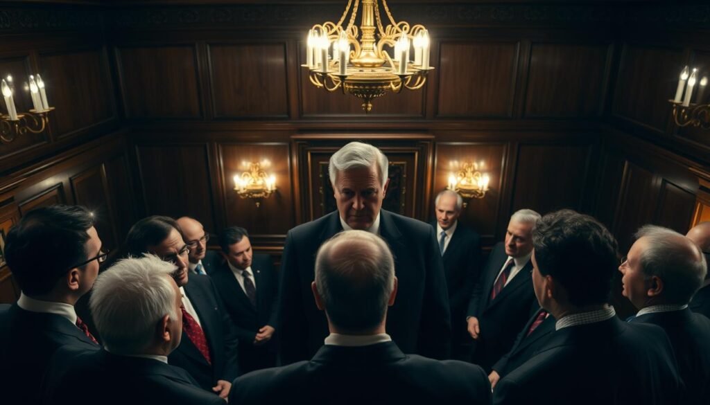 A well-lit, high-angle shot of a group of men in formal attire, standing in a wood-paneled room with ornate chandeliers overhead. In the center, a distinguished-looking man with gray hair and a stoic expression, surrounded by a circle of other distinguished-looking men, all engaged in a solemn, dignified exchange. The lighting casts dramatic shadows, emphasizing the gravity of the moment as the leadership transition of the Federalist Society takes place. The atmosphere is one of quiet power and tradition, the room exuding an air of authority and influence. A well-lit, high-angle shot of a group of men in formal attire, standing in a wood-paneled room with ornate chandeliers overhead. In the center, a distinguished-looking man with gray hair and a stoic expression, surrounded by a circle of other distinguished-looking men, all engaged in a solemn, dignified exchange. The lighting casts dramatic shadows, emphasizing the gravity of the moment as the leadership transition of the Federalist Society takes place. The atmosphere is one of quiet power and tradition, the room exuding an air of authority and influence.