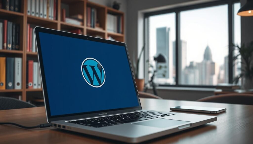 A well-lit office scene with a modern laptop showcasing the WordPress logo prominently on the screen. In the background, a bookshelf filled with web development resources and a window overlooking a bustling city skyline. The mood is one of productivity and expertise, reflecting the specialized WordPress hosting services offered. The camera angle is slightly elevated, providing a clear view of the laptop display and the surrounding workspace. The lighting is soft and natural, creating a professional and polished aesthetic.