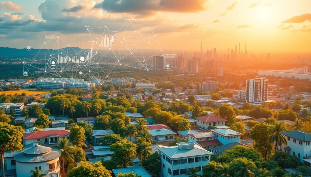An expansive landscape depicting the outcomes of impact investment strategies. In the foreground, a thriving community with lush greenery, modern buildings, and smiling people. In the middle ground, a network of interconnected financial flows and investments, represented by intricate data visualizations and graphs. In the background, a horizon of towering skyscrapers and a vibrant cityscape, symbolizing the broader economic and social impact. Warm, golden lighting casts a sense of optimism and progress, while a wide-angle lens captures the full scale of the scene. The overall atmosphere conveys a harmonious blend of financial success and positive social change.