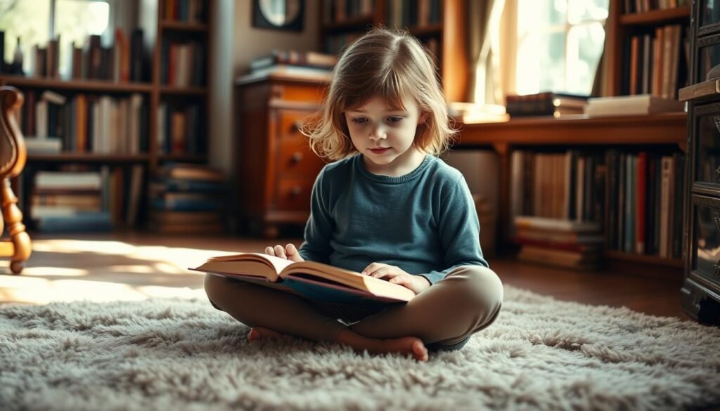 An intimate portrait of a young Liesel Pritzker Simmons, captured in a warm, natural light. She sits cross-legged on a plush, sun-dappled rug, a book open in her lap, her expression one of rapt concentration. The background reveals a cozy, book-lined study, hinting at an intellectually curious childhood. Soft, diffused light filters through a nearby window, casting a gentle glow on her face and the surrounding space. The overall scene conveys a sense of quiet contemplation, reflecting Liesel's early passion for learning and the arts.