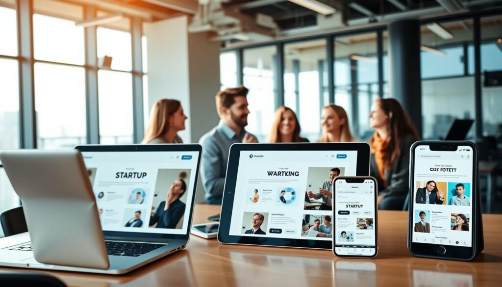 An office scene with sleek modern startup company profiles displayed on various devices and screens. Warm, natural lighting illuminates the space, creating a productive and collaborative atmosphere. The foreground features a minimalist desk with a laptop, tablet, and smartphone showcasing different company profiles. In the middle ground, a team of young professionals are engaged in a lively discussion, their faces animated and expressions enthusiastic. The background depicts an open floor plan with glass walls, exposing a panoramic cityscape beyond. The overall scene conveys a dynamic, innovative, and forward-thinking startup environment.
