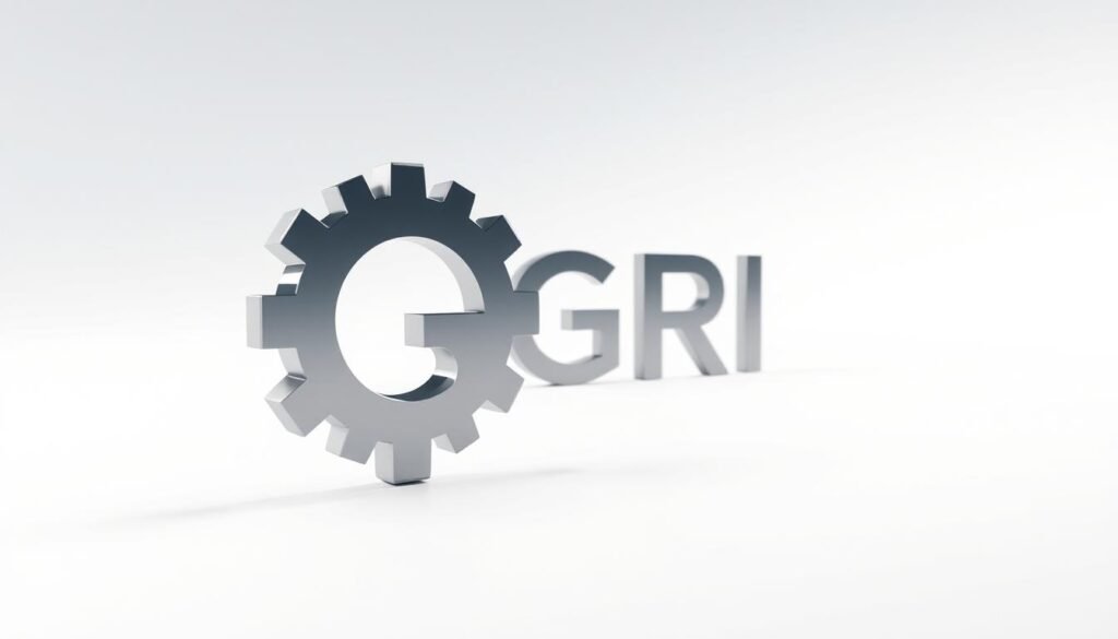 Detailed rendering of the GRI Standards organization logo. In the foreground, a stylized icon depicting the three interlocking gears, emblematic of the GRI's holistic approach to sustainability reporting standards. The gears are rendered in a sleek, metallic finish with subtle gradients, casting soft shadows. In the middle ground, the full "GRI" logotype appears, the letters formed by thin, minimalist lines in a cool, neutral tone. The background is a clean, white expanse, illuminated by soft, diffused lighting from an unseen source, lending the scene an airy, professional atmosphere. The overall composition conveys the GRI's role as an authoritative, internationally recognized standards body for sustainable business practices.