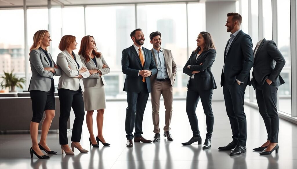 a group of confident, successful business leaders in a modern office setting, standing together in a strategic formation, exuding an aura of leadership and teamwork. The foreground features the team members dressed in professional attire, engaging in a lively discussion, their expressions reflecting a shared sense of purpose and determination. The middle ground showcases a clean, minimalist office space with floor-to-ceiling windows, allowing natural light to flood the scene. The background is a blurred cityscape, hinting at the dynamic urban environment in which the company operates. The overall mood is one of collaborative excellence, with a touch of sophistication and forward-thinking.