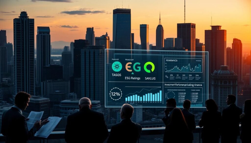 A bustling financial district at dusk, towering skyscrapers casting long shadows across the landscape. In the foreground, a group of investors poring over financial reports, discussing ESG metrics and sustainability strategies. The middle ground features a holographic display showcasing ESG ratings and investment performance data, drawing the attention of prospective shareholders. In the background, the silhouettes of corporate executives and fund managers can be seen, engaged in animated discussions about the future of sustainable finance. The scene is illuminated by the warm glow of sunset, conveying a sense of optimism and progress towards a more sustainable economic future.