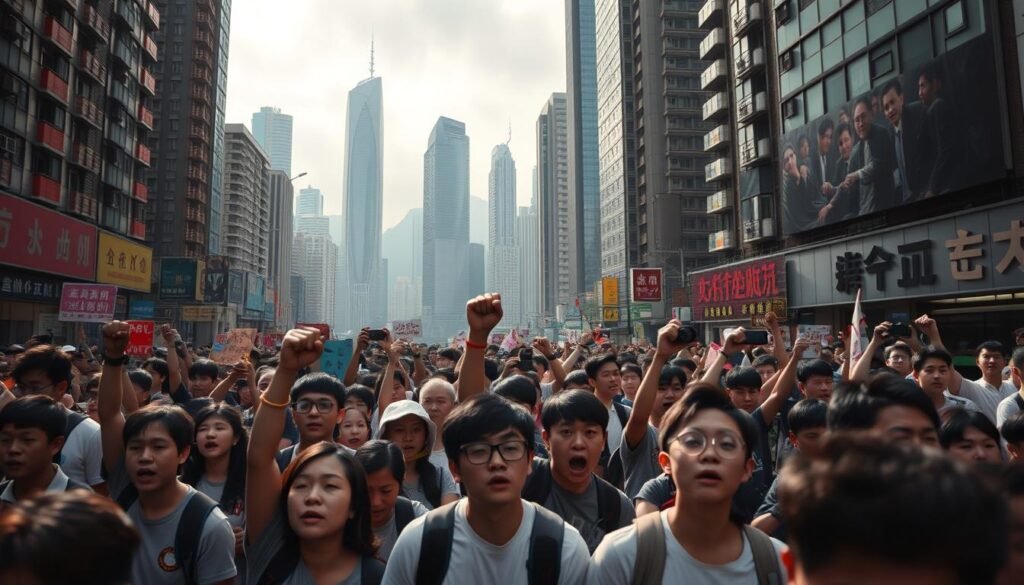 A bustling street in Hong Kong, 2012. In the foreground, a crowd of impassioned students march, their faces resolute, fists raised in defiance. The middle ground is a chaos of banners, chants, and the flash of cameras capturing the moment. In the background, the iconic skyline of Hong Kong stands as a testament to the city's resilience, the towering skyscrapers casting long shadows over the scene. Diffused natural light filters through the haze, lending an air of urgency and determination to the proceedings. The lens captures the energy and passion of a generation fighting for their future, their voices echoing through the streets of this vibrant, ever-changing metropolis. A bustling street in Hong Kong, 2012. In the foreground, a crowd of impassioned students march, their faces resolute, fists raised in defiance. The middle ground is a chaos of banners, chants, and the flash of cameras capturing the moment. In the background, the iconic skyline of Hong Kong stands as a testament to the city's resilience, the towering skyscrapers casting long shadows over the scene. Diffused natural light filters through the haze, lending an air of urgency and determination to the proceedings. The lens captures the energy and passion of a generation fighting for their future, their voices echoing through the streets of this vibrant, ever-changing metropolis.