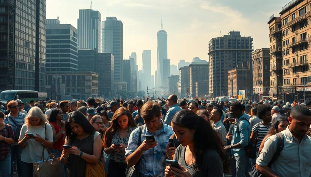 A bustling urban landscape, divided by the digital divide. In the foreground, a group of diverse individuals - some engrossed in their smartphones, others left behind, lacking access to the latest technologies. The middle ground reveals disparities, with modern high-rises contrasting with dilapidated buildings, reflecting the uneven distribution of digital resources. In the background, a hazy, moody atmosphere conveys a sense of unease, highlighting the urgent need to bridge this technological gap. Dramatic lighting casts long shadows, emphasizing the stark contrast between those who thrive in the digital age and those left in the shadows. A powerful scene, capturing the current state of digital inclusion in America.