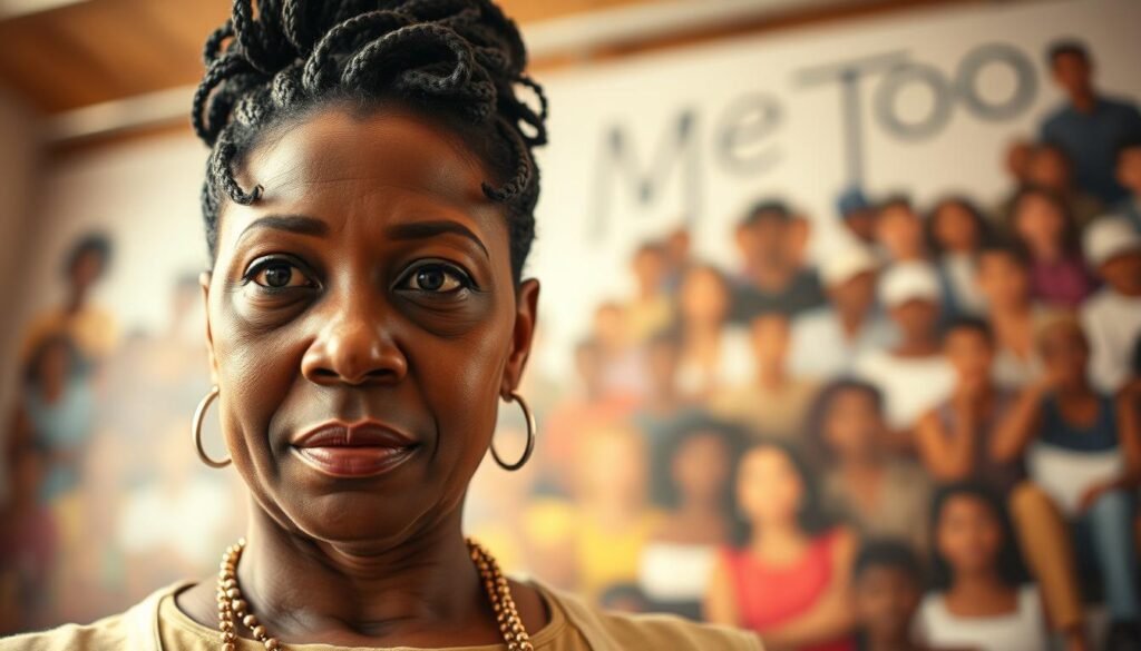 A compelling portrait of Tarana Burke, the activist who founded the "Me Too" movement, capturing the origins and impact of her groundbreaking work. In the foreground, a close-up of Burke's resolute expression, her eyes conveying a sense of determination and empowerment. The middle ground features a backdrop of diverse, supportive individuals, symbolizing the grassroots nature of the movement. In the background, a mural-like scene depicting the journey of the "Me Too" movement, from its humble beginnings to its global resonance. The lighting is warm and inviting, creating a sense of hope and unity. Rendered in a realistic, photographic style with a shallow depth of field, emphasizing the central figure and her pivotal role.
