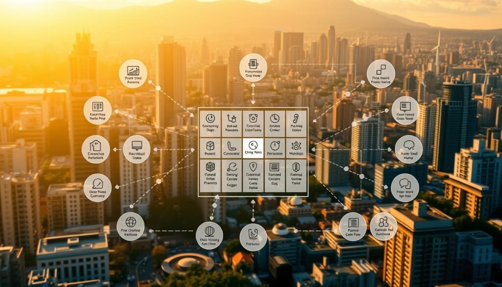 A complex diagram depicting the ESG rating methodology process. In the foreground, a central matrix with various evaluation criteria neatly arranged, each represented by a clear icon. In the middle ground, data streams flowing into the matrix, visualized as abstract lines and shapes. In the background, a cityscape with sustainable architecture and renewable energy sources, bathed in a warm, golden light. The overall composition conveys a sense of structure, rigor, and the interconnected nature of the ESG assessment framework.