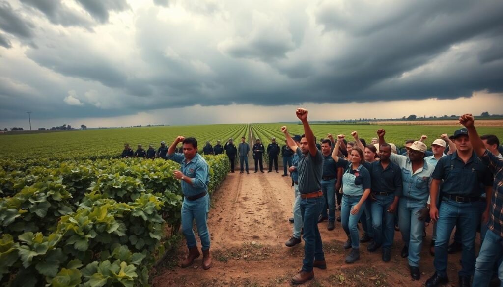 A crowd of determined farm workers, clad in denim and work boots, march together in solidarity, fists raised high. In the foreground, a picket line blocks the entrance to a sprawling vineyard, the lush green vines and rows of grape leaves framing the scene. In the middle ground, a line of police officers in riot gear stand ready, creating a tense standoff. The sky above is heavy with storm clouds, casting a moody, dramatic light across the scene. The atmosphere is one of defiance, resilience and the struggle for justice. A wide-angle, cinematic lens captures the full scope of this historic moment - the Delano grape strike of 1965, a pivotal battle in the fight for farmworker rights. A crowd of determined farm workers, clad in denim and work boots, march together in solidarity, fists raised high. In the foreground, a picket line blocks the entrance to a sprawling vineyard, the lush green vines and rows of grape leaves framing the scene. In the middle ground, a line of police officers in riot gear stand ready, creating a tense standoff. The sky above is heavy with storm clouds, casting a moody, dramatic light across the scene. The atmosphere is one of defiance, resilience and the struggle for justice. A wide-angle, cinematic lens captures the full scope of this historic moment - the Delano grape strike of 1965, a pivotal battle in the fight for farmworker rights.