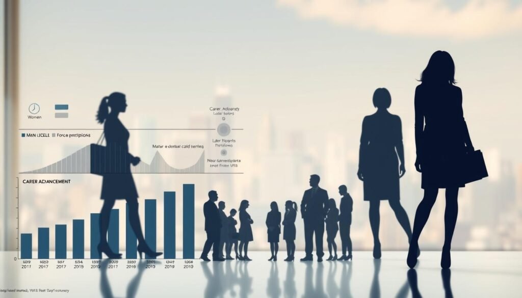 A detailed analysis of the economic gender gap, showcasing the persistent discrepancy in labor force participation, wage levels, and career advancement between men and women. In the foreground, a series of bar charts and data visualizations depict the statistical disparities, rendered in a muted color palette. In the middle ground, silhouettes of diverse professionals symbolize the underrepresentation of women in high-level positions. The background features a blurred cityscape, representing the broader societal and structural barriers that contribute to the gender imbalance. Soft, natural lighting casts a contemplative tone, encouraging the viewer to consider the importance of addressing this critical issue for a more equitable future.