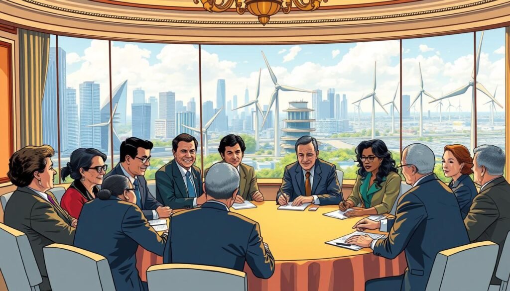 A detailed illustration of a fossil fuel treaty initiative, capturing the essence of global climate action. In the foreground, a group of diverse world leaders in formal attire engage in a round-table discussion, their expressions serious yet hopeful. Behind them, an ornate conference room with high ceilings and large windows, letting in warm, golden lighting. In the background, a panoramic view of an urban skyline, with towering skyscrapers and renewable energy infrastructure like wind turbines and solar panels, symbolizing a sustainable future. The scene conveys a sense of diplomatic collaboration, weighty decision-making, and a collective drive towards a greener, more equitable world.