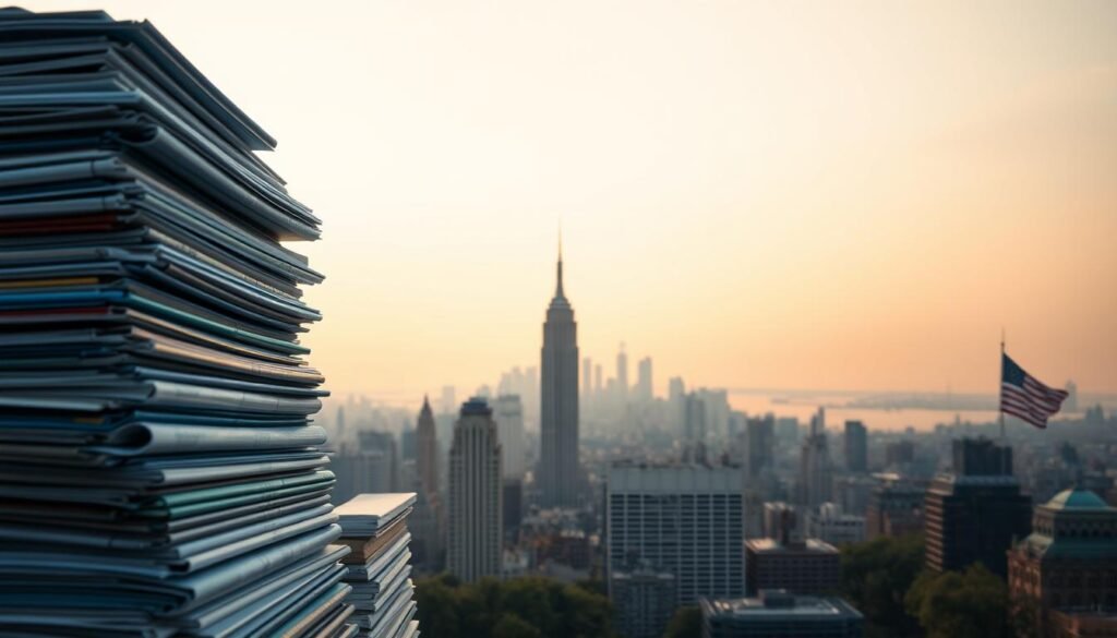 A detailed landscape depicting the current state of ESG reporting in the United States. In the foreground, a diverse array of corporate reports, sustainability disclosures, and regulatory guidelines are neatly stacked, representing the evolving standards and frameworks shaping the ESG reporting landscape. The middle ground features a silhouette of the iconic New York City skyline, symbolizing the financial and economic epicenter where many public companies are headquartered and subject to these ESG reporting requirements. In the background, a muted, neutral-toned sky casts a warm, contemplative glow, suggesting the seriousness and importance of this topic. The scene is captured through a wide-angle lens, conveying a sense of scale and scope to the ESG reporting ecosystem within the United States.