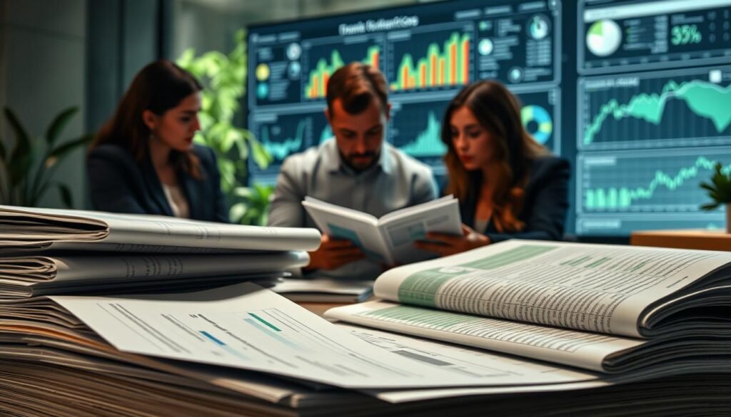 A detailed materiality assessment of key environmental, social, and governance (ESG) factors, captured in a photorealistic scene. The foreground features a stack of financial reports, each with a focus on sustainability metrics and risk indicators. The middle ground showcases a team of analysts intently reviewing data dashboards, their expressions conveying the gravity of the task. The background subtly blends elements of nature and technology, symbolizing the interconnectedness of business and the environment. Soft, directional lighting emphasizes the analytical process, while a muted color palette evokes a sense of thoughtful deliberation. The overall composition conveys the importance of a comprehensive, data-driven approach to ESG materiality assessment.