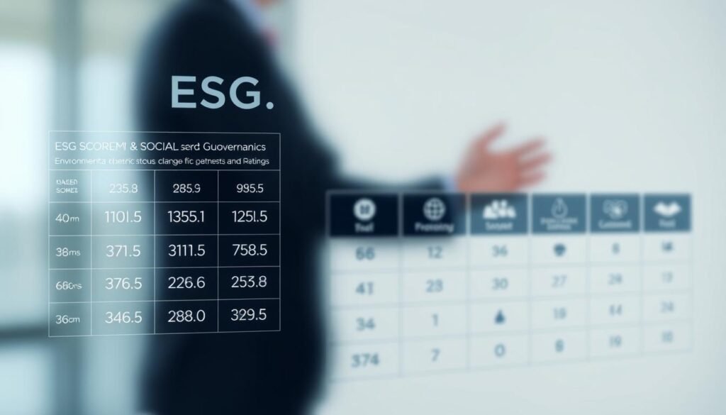 A detailed, professional infographic showcasing ESG scores and ratings. In the foreground, a sleek, minimalist grid displaying numerical scores and ratings for environmental, social, and governance factors, rendered in clean typography and elegant data visualization. The middle ground features subtle icons and pictograms representing the key ESG pillars, with a polished, corporate aesthetic. The background is a soft, blurred gradient in muted tones, creating a sense of depth and professionalism. Lighting is soft and even, with a slightly cool color temperature to convey a sense of authority and credibility. The overall composition is balanced, visually appealing, and designed to effectively communicate the complexities of ESG scoring to a business-oriented audience.