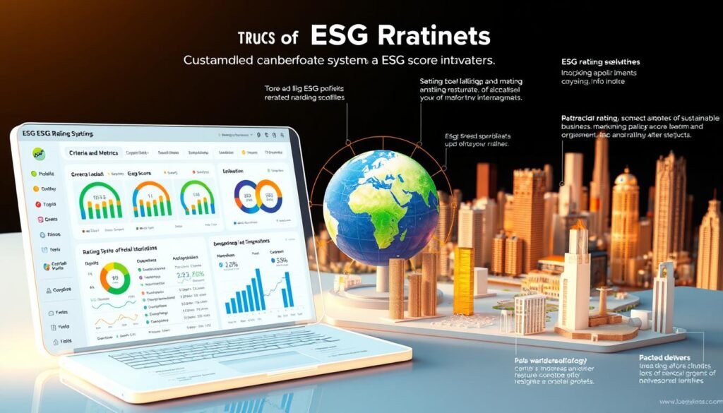 A detailed, three-dimensional infographic depicting the various ESG rating systems used by financial institutions and investors. In the foreground, a sleek, futuristic dashboard displays the criteria and metrics of different ESG score providers, with interactive data visualizations. In the middle ground, a stylized globe represents the global reach and impact of these rating systems. In the background, a cityscape showcases the real-world applications of ESG data in sustainable business and investment decisions. The scene is illuminated by a warm, soft light, conveying a sense of clarity, complexity, and the importance of understanding ESG ratings.