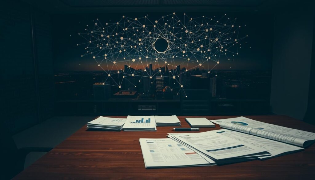 A dimly lit, corporate office setting. In the foreground, a wooden desk with various reports and documents spread out, conveying the idea of "ESG risk interpretation". The middle ground features a large, abstract visualization on the wall - a web of interconnected data points, charts, and graphs, representing the complex nature of ESG analysis. The background showcases a panoramic city skyline, hinting at the global scale and impact of ESG considerations. The lighting is warm and muted, creating a contemplative atmosphere. The camera angle is slightly elevated, giving a sense of objective assessment and evaluation.