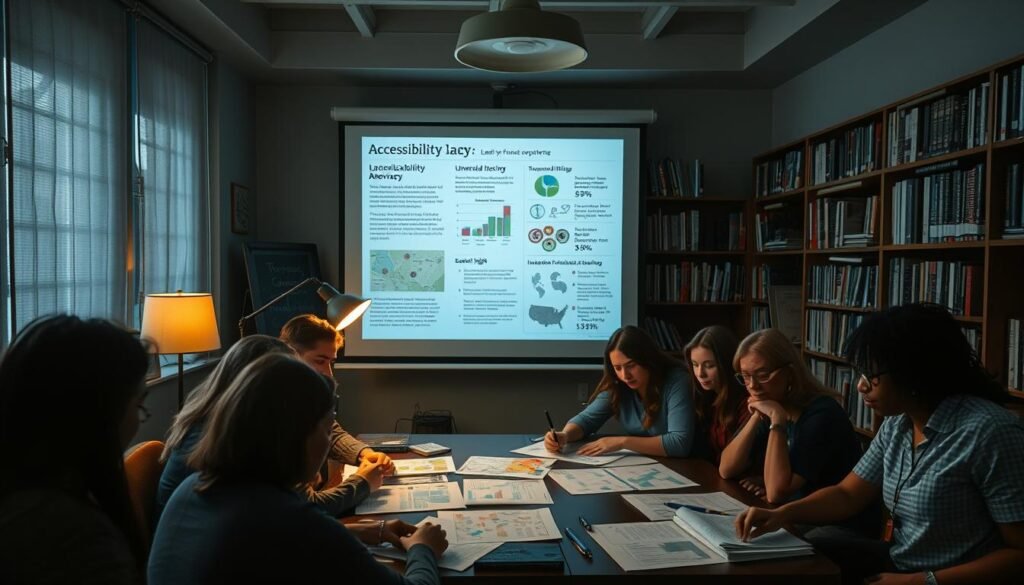 A dimly lit room, filled with the warm glow of a desk lamp, casts a soft, introspective light upon a diverse group of individuals gathered around a table. In the foreground, their faces are etched with determination as they pore over documents, maps, and diagrams, each representing a different aspect of accessibility advocacy. The middle ground is dominated by a larger-than-life projection screen, displaying infographics and statistics that highlight the pressing need for change. In the background, a bookshelf overflows with volumes on disability rights, inclusion, and universal design, suggesting a deep well of knowledge and experience. The overall atmosphere conveys a sense of purpose, collaboration, and the unwavering commitment to empowering those who have been marginalized, ensuring that accessibility becomes a fundamental right for all.
