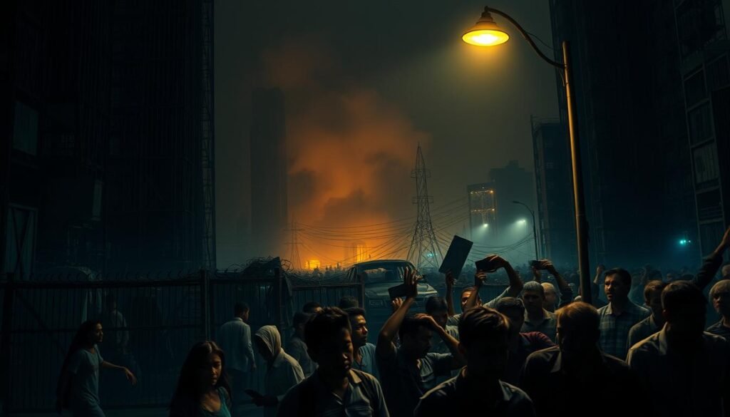 A dimly lit urban landscape, with towering barriers of outdated technology and digital divides looming in the foreground. In the middle ground, people of diverse backgrounds struggle to navigate the complex web of connectivity, their faces etched with frustration. The background is shrouded in a hazy, oppressive atmosphere, conveying the overwhelming challenges of achieving digital equity. The scene is illuminated by the harsh, unforgiving light of a malfunctioning streetlamp, casting long shadows and highlighting the disparities that prevent universal access to the digital world.