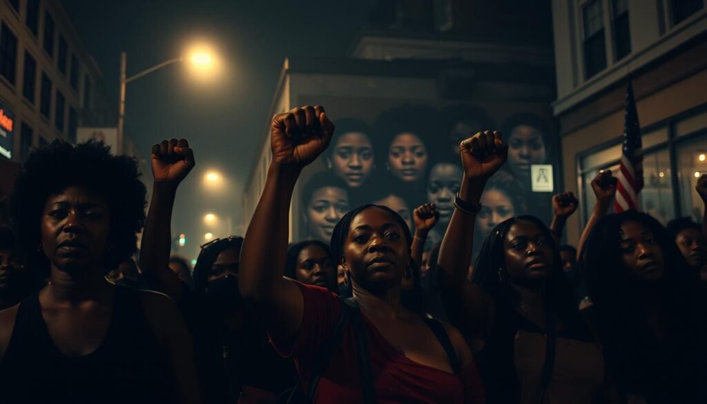 A dimly lit urban street, the hazy glow of streetlights casting a somber atmosphere. In the foreground, a group of Black women stand resolute, their faces etched with determination as they raise their fists in the "Say Her Name" gesture, honoring those lost to police brutality. Behind them, a mural depicting the faces of Black women victims looms large, a powerful testament to their struggle. The scene is captured with a cinematic, documentary-style lens, conveying the weight and gravity of the moment. Shadows and highlights interplay, highlighting the strength and resilience of the protesters as they demand justice and accountability.
