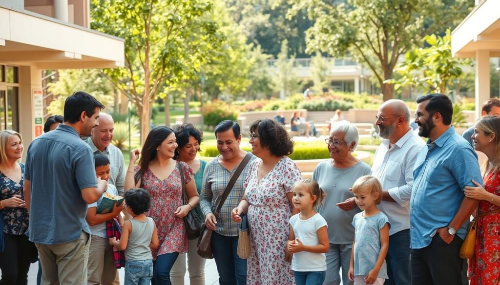 A diverse group of people of varying ages, ethnicities, and abilities standing together in a vibrant, welcoming public space. The foreground features a mix of adults, children, and seniors engaged in friendly conversation, sharing a meal, or participating in a community activity. The middle ground showcases inclusive architectural elements like ramps, signage in multiple languages, and accessible seating. The background depicts a lush, sun-dappled green space with trees, gardens, and a sense of openness and connection to nature. The scene is bathed in warm, natural lighting, conveying a mood of harmony, inclusion, and a shared sense of community.