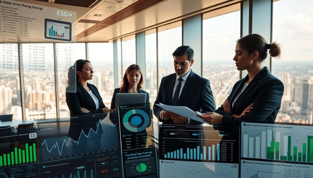 A dynamic, data-driven analysis of ESG ratings, with a focus on the nuanced factors that shape these crucial assessments. In the foreground, financial charts, graphs, and dashboards showcase the complex metrics behind ESG scores. In the middle ground, a team of analysts scrutinizes this data, their expressions reflecting the depth of their evaluation. The background features a sleek, modern office environment, with floor-to-ceiling windows offering a panoramic view of a bustling cityscape. The scene is bathed in a warm, natural light, creating a sense of authority and professionalism. Overall, the image conveys the rigor and importance of ESG analysis in shaping investment decisions.