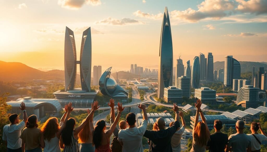 A futuristic cityscape bathed in a warm, golden glow. In the foreground, a diverse group of people stand united, raising their hands in a gesture of solidarity and empowerment. They represent different races, ages, and backgrounds, symbolizing the inclusive nature of environmental justice. In the middle ground, towering skyscrapers with sleek, eco-friendly designs blend seamlessly with lush, verdant gardens and renewable energy infrastructure. The background features a horizon of rolling hills and a vibrant, pollution-free sky, conveying a sense of harmony between urban development and the natural world. The overall atmosphere evokes a future where environmental justice has been fully realized, where sustainable living, community engagement, and a deep respect for the planet are the guiding principles.
