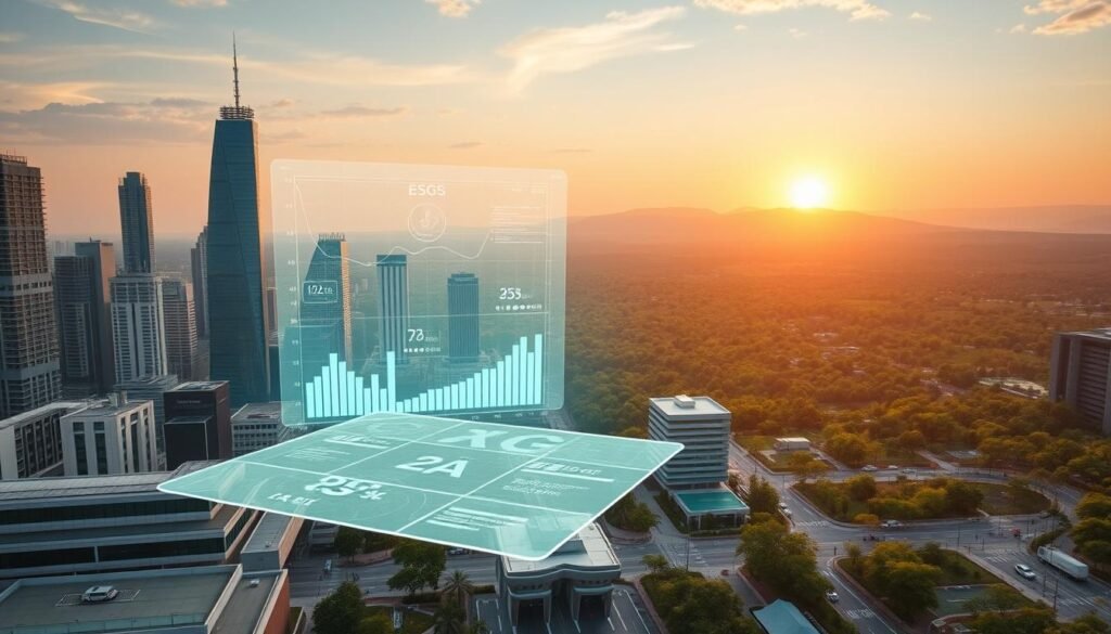 A futuristic sustainable city skyline, with towering green skyscrapers and solar-paneled rooftops. In the foreground, a sleek, minimalist data visualization dashboard showcases complex ESG metrics and analytics, projected holographically. The middle ground features a bustling smart-city hub, where autonomous vehicles and drone deliveries seamlessly integrate with pedestrian walkways and bike lanes. In the background, a vast horizon of rolling hills and lush forests, bathed in a warm, golden sunset glow. The scene conveys a sense of technological innovation, environmental harmony, and a data-driven approach to corporate sustainability reporting.