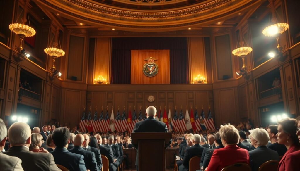 A grand ceremony held in a majestic hall, illuminated by warm, golden lighting. The stage is adorned with a backdrop of national symbols and flags, conveying a sense of patriotic pride. In the foreground, a podium stands, ready to host the recognition of domestic workers' rights. Prominent figures, including government officials and civil rights leaders, sit in the audience, their faces filled with admiration and respect. The atmosphere is one of celebration and historic significance, capturing the long-overdue national acknowledgment of the invaluable contributions made by domestic workers.