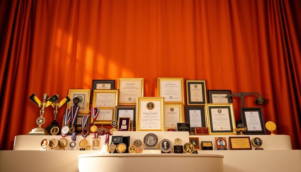 A grand display of accolades and honors adorns a sunlit pedestal, casting a warm glow upon the life's work of Bryan Stevenson. In the foreground, a collection of prestigious awards and medals glint, each a testament to his unwavering dedication to social justice. The middle ground features elegant framed certificates and plaques, recognizing his transformative impact on the legal system and human rights advocacy. In the background, a stunning backdrop of rich, textured fabric subtly hints at the global scale of Stevenson's influence, a tapestry of recognition woven across continents. The overall composition radiates a sense of hard-earned achievement, a visual celebration of a life spent tirelessly fighting for the most vulnerable. A grand display of accolades and honors adorns a sunlit pedestal, casting a warm glow upon the life's work of Bryan Stevenson. In the foreground, a collection of prestigious awards and medals glint, each a testament to his unwavering dedication to social justice. The middle ground features elegant framed certificates and plaques, recognizing his transformative impact on the legal system and human rights advocacy. In the background, a stunning backdrop of rich, textured fabric subtly hints at the global scale of Stevenson's influence, a tapestry of recognition woven across continents. The overall composition radiates a sense of hard-earned achievement, a visual celebration of a life spent tirelessly fighting for the most vulnerable.