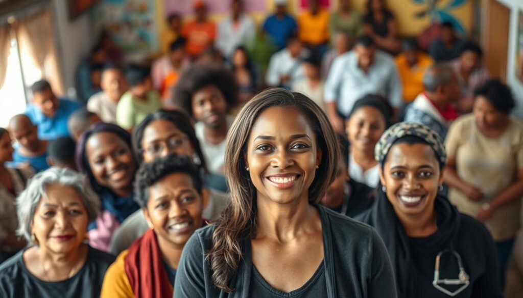 A group of diverse, caring individuals in a warm, welcoming setting. In the foreground, a woman with a kind, compassionate expression leads a team of domestic workers, their faces reflecting dedication and purpose. Behind them, a vibrant, colorful backdrop of a bustling community, with people of various ages and backgrounds engaged in activities that convey a sense of community and mutual support. The lighting is soft and inviting, creating an atmosphere of comfort and security. The composition emphasizes the unity and collaboration of the National Domestic Workers Alliance, their mission to advocate for the rights and well-being of care workers. An overall tone of empowerment, resilience, and the power of collective action.
